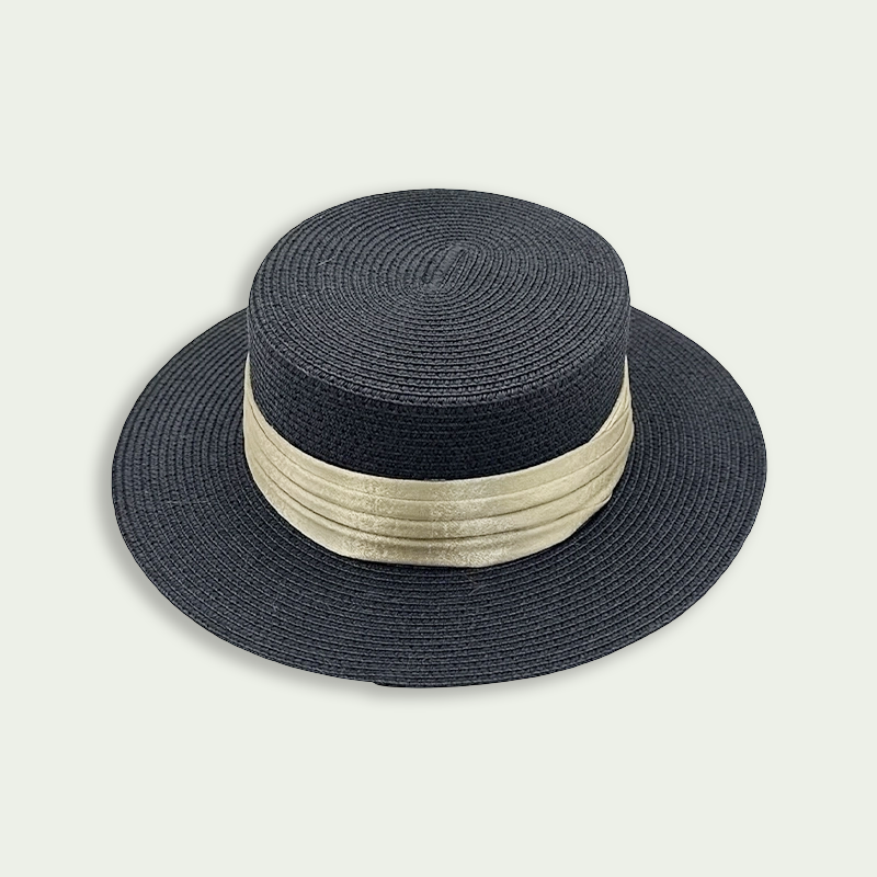 Women Black Papyrus Boater Hat Ribbon